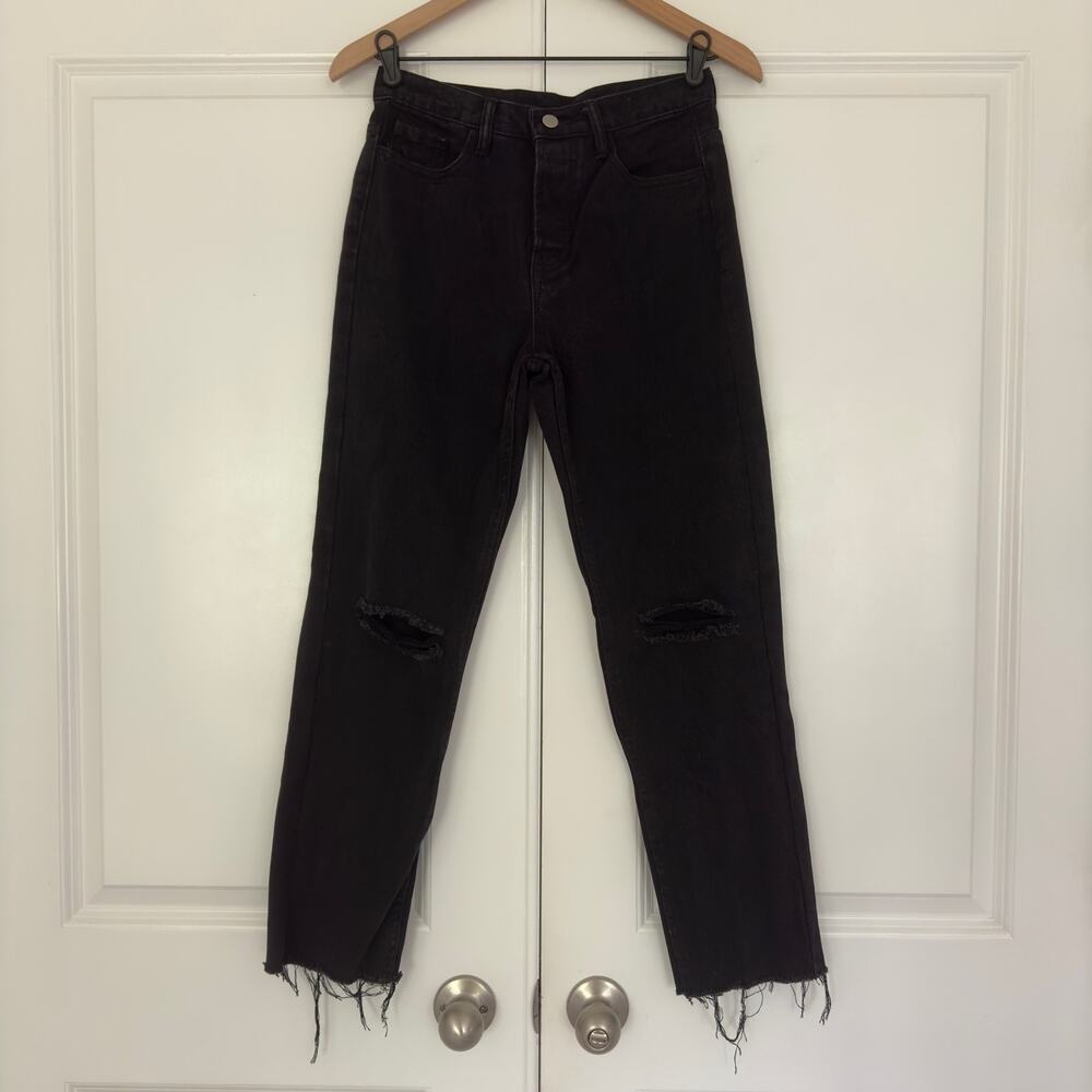 Princess Polly Attica Jeans Knee Rip Button Fly Black 100% Cotton Pocket raw hem